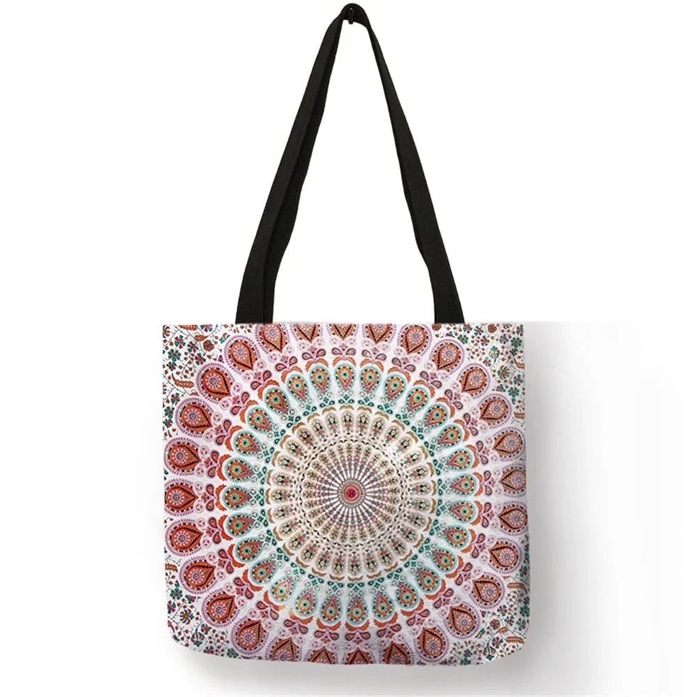 Mandala Flower Tote Bags Women Eco Linen Reusable Shopping Bag Floral Print Handbags For Lady Traveling Beach