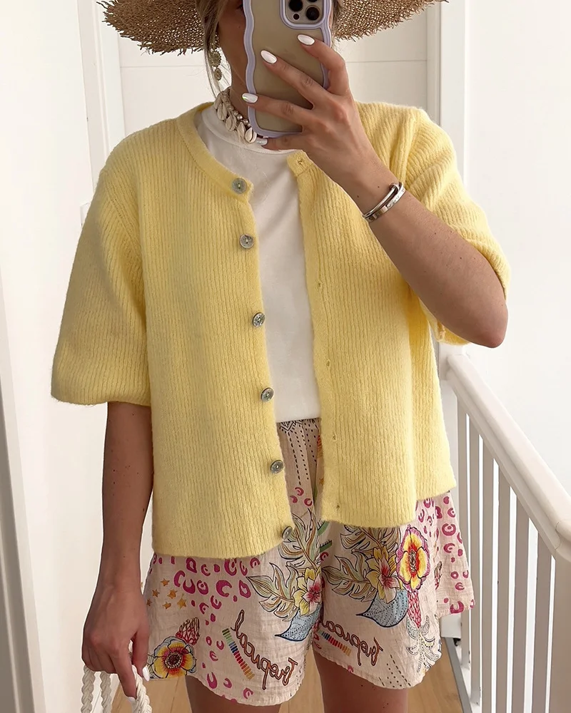 Wongn Wongn Women's New Short-Sleeved Knit Cardigan Solid Color Half Open Collar Button Sweater Women's Women's Casual Cardigan