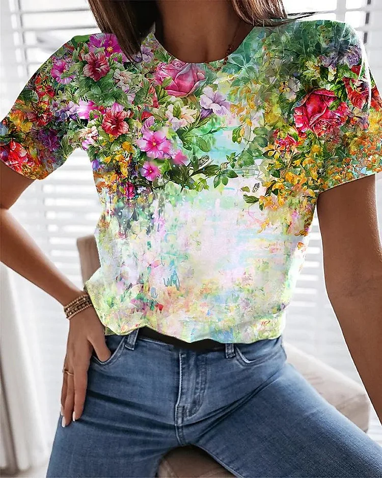Floral Flower Printed Short Sleeve T-shirt Loose Top