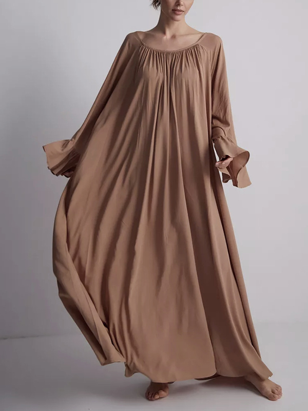Split-Joint Solid Color Pleated Loose Long Sleeves Round-Neck Maxi Dresses