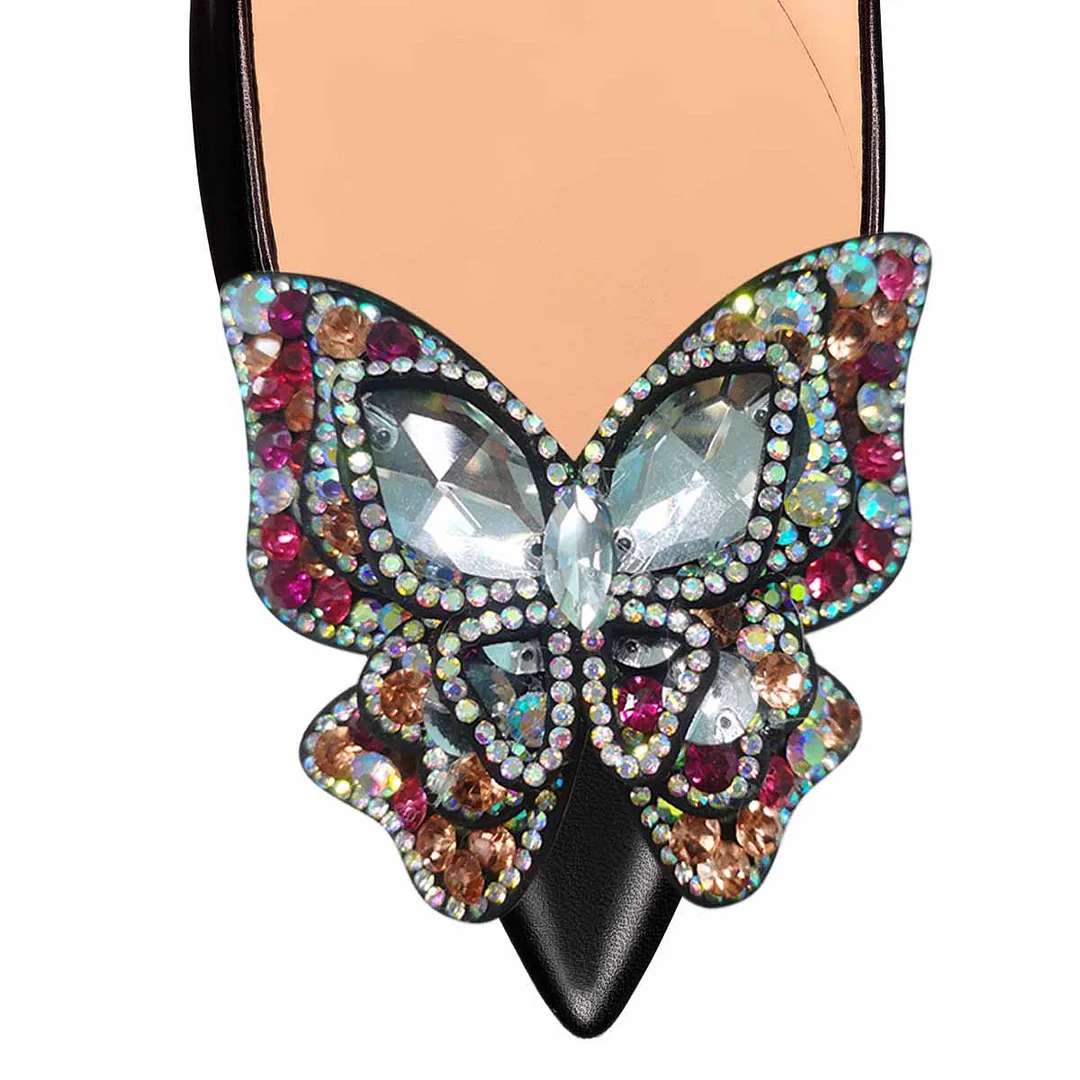 Sparkly Pointed Toe Rhinestone Butterfly Prom Black High Heels