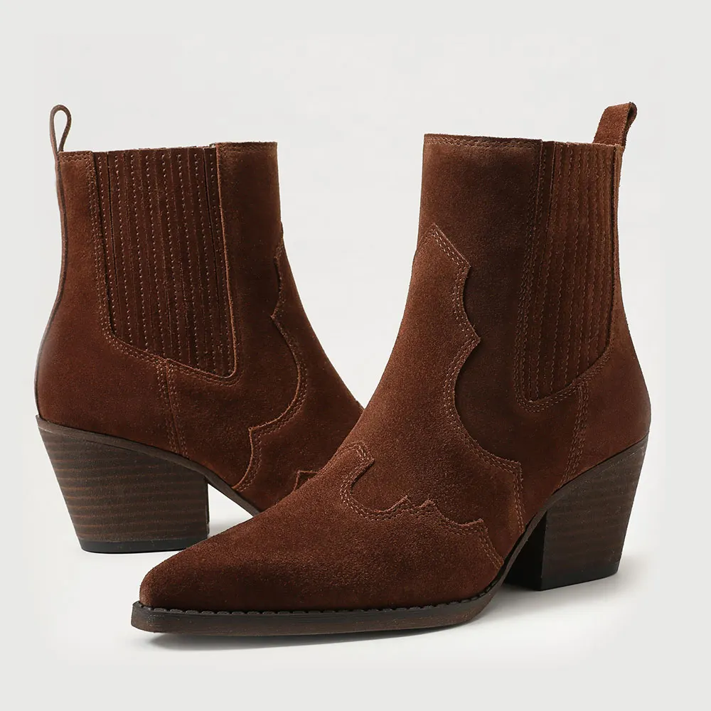 Fashion Brown Vegan Suede Pointed Toe Pull On Stitching Cowgirl Boots