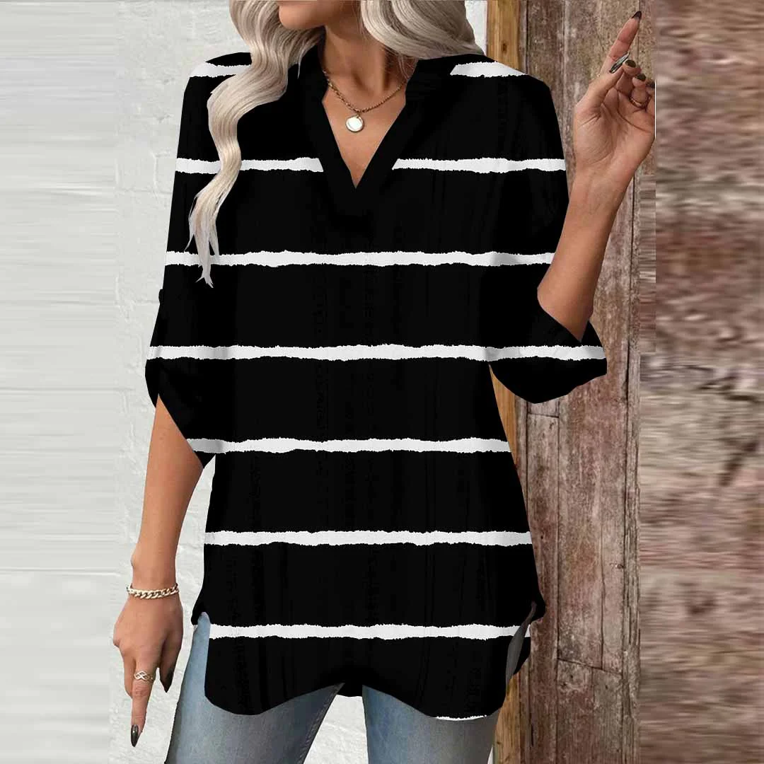 Women Striped,Blue DZGA0313 3/4 Sleeve V-neck Printed Graphic Button Tops