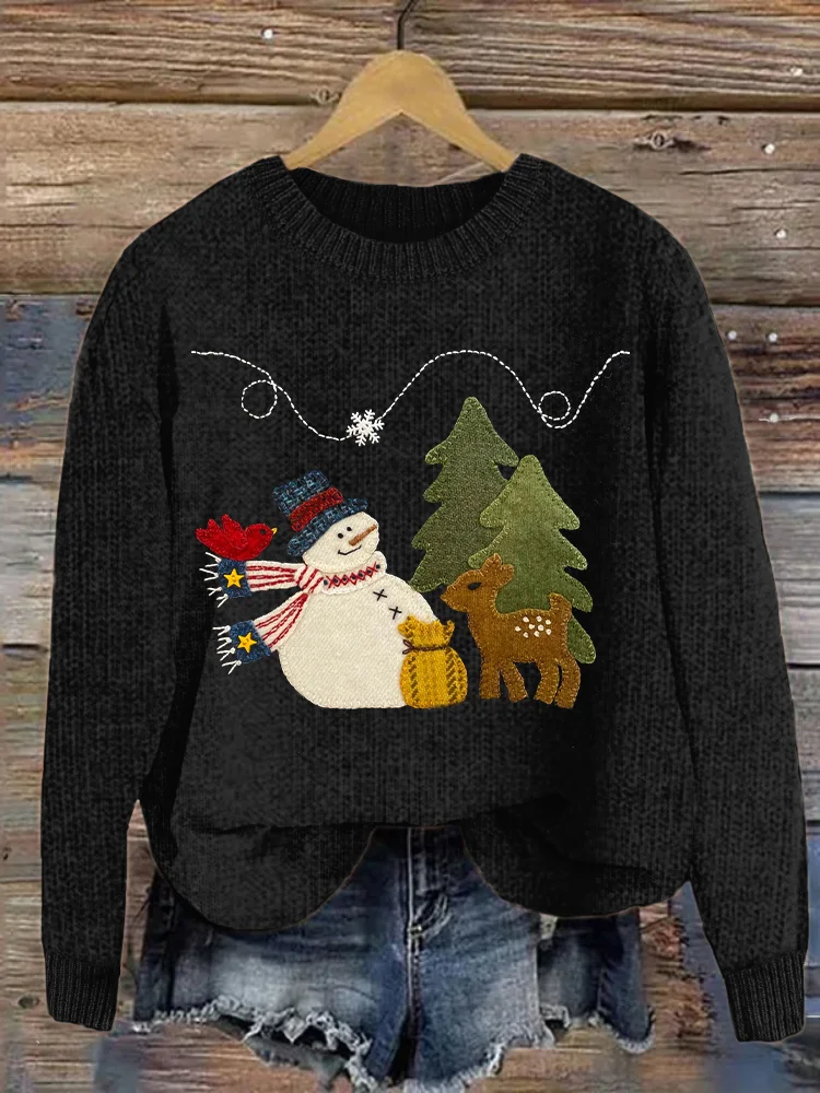 Christmas Tree & Snowman Felt Art Cozy Knit Sweater