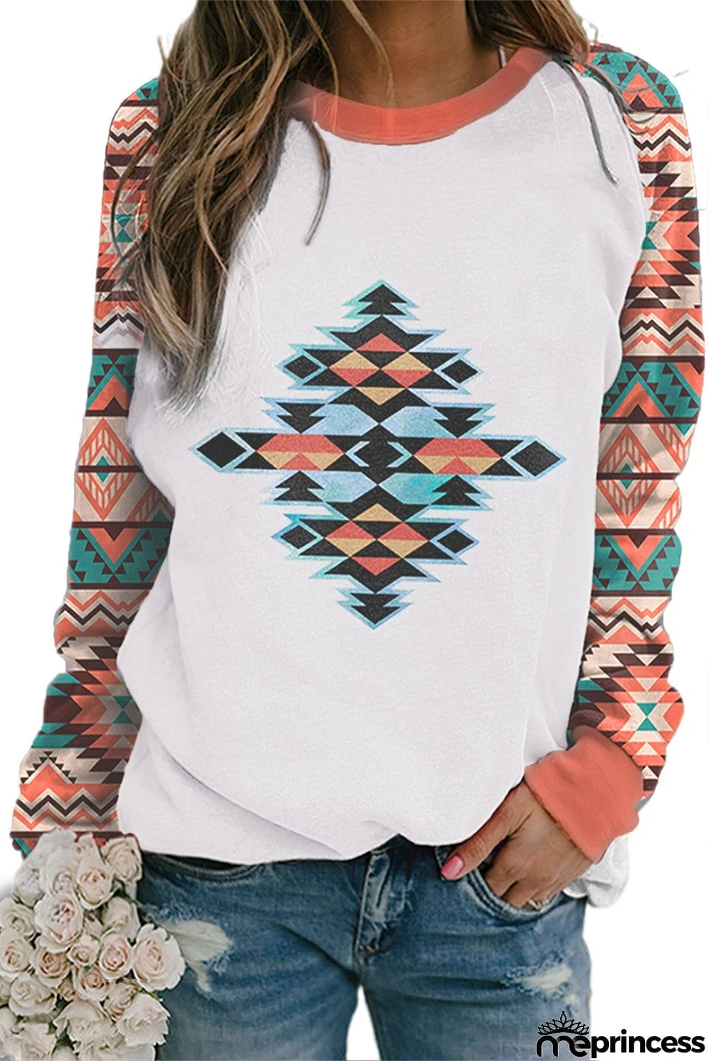 Western Fashion Tribal Aztec Print Raglan Sweatshirt
