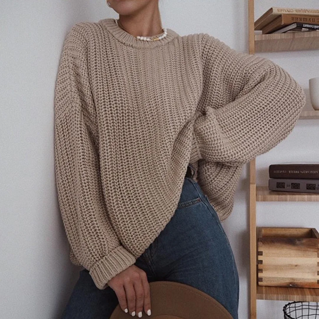 2020 Autumn Women Solid Sweater Elegant O-neck Loose Female Knitted Sweater Casual Long Sleeve Warm Oversized Pullover Jumpers