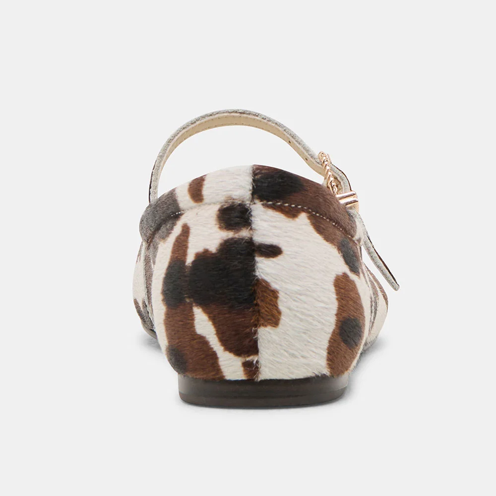 YDN Brown & White Square Toe Cow Print Flats with Buckle Strap
