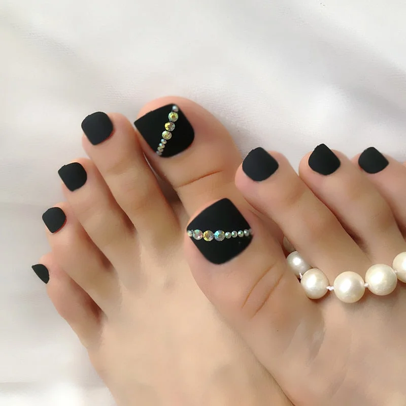 24Pcs Fashion Red/Black/Pink Matte Rhinestone Decoration Press on toenails Full Drill handmade Flat Toes fake nailsToes Nail