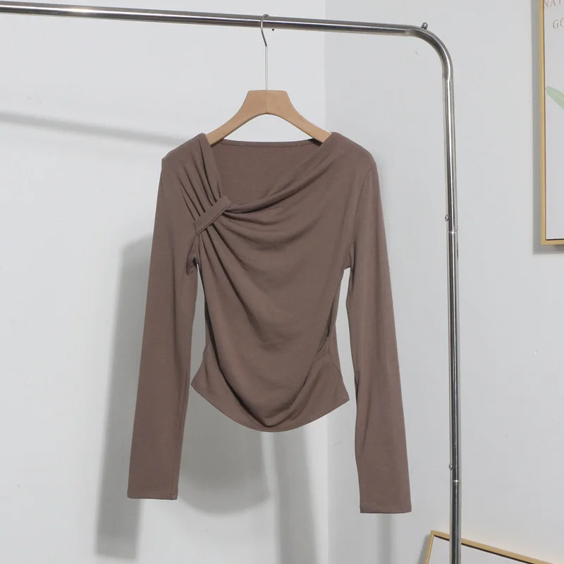 Uveng Side Bow Tie Design Folded Long-Sleeved T-Shirt Slim Thin Autumn Dress T-Shirt Short Top 1662