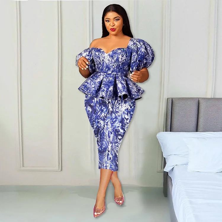 Blue Peplum Midi Dresses Tie Dye Puff Sleeve Elegant Women Office Party Gowns Dress for Ladies Evening Cocktail Event Outfit 4XL QueenFunky