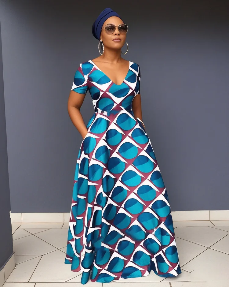 V Neck Blue Contrasting Dots Short Sleeve Maxi Dress