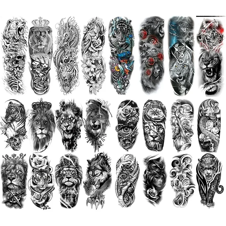 24 Sheets Tiger Full Arm & Half Arm Temporary Tattoo Combo