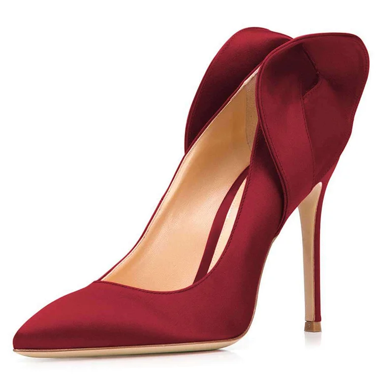 Burgundy Satin Pron Shoes Pointy Toe Stiletto Heel Pumps |FSJ Shoes