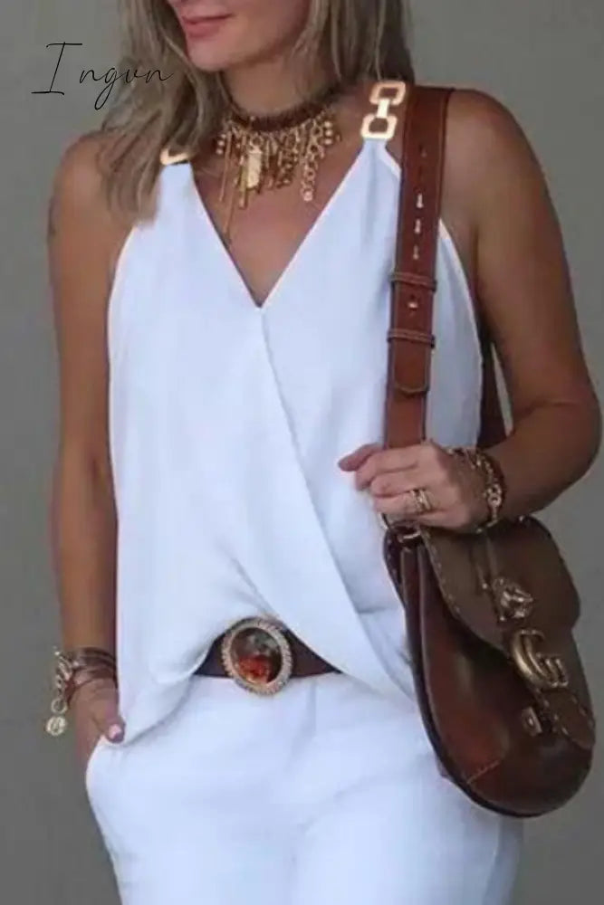 Ingvn - Casual Print Patchwork V Neck Tops White / S Tops/Tank & Camis