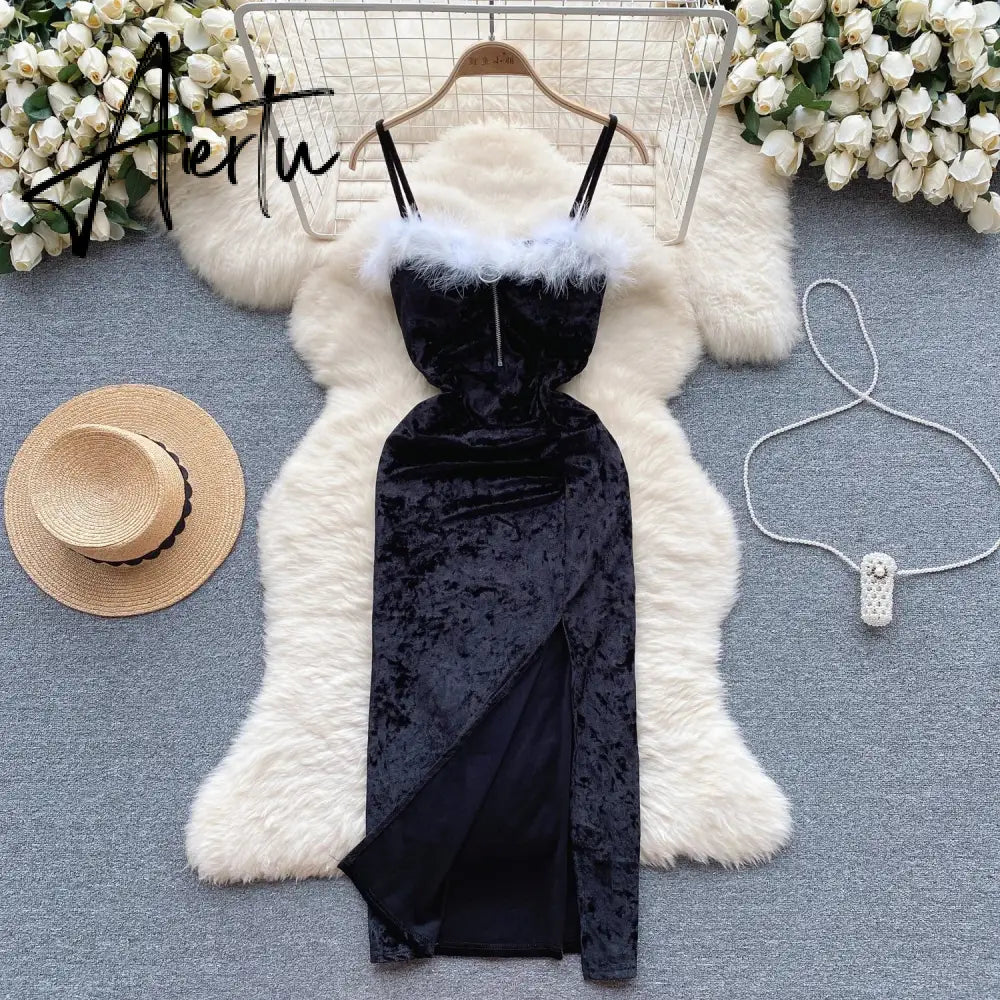 Aiertu Strap Plush Velvet Long Dress Autumn Inside Elastic Ruched Slim Backless Christmas Cosplay Sexy Dress Aiertu