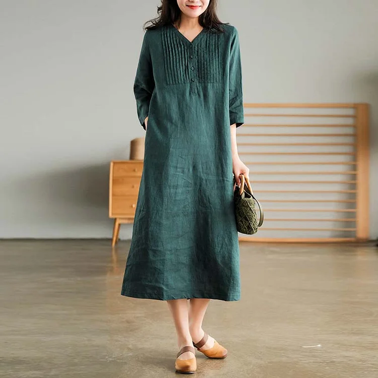 Women's Cotton Linen Midi Dress V-Neck Pleated Casual Dress
