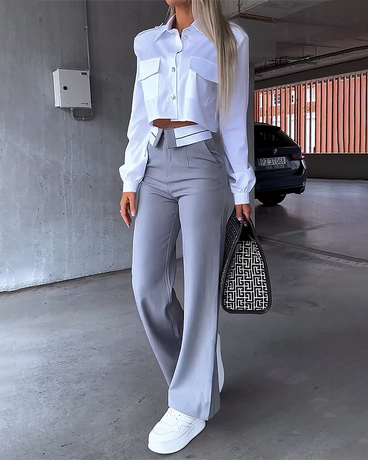 Lapel Long Sleeve Top and Pants Two-Piece Suit