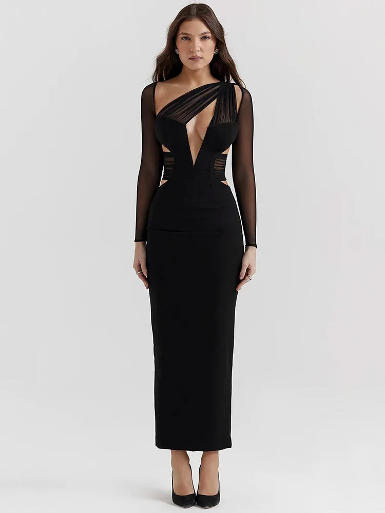 Toloer Mesh Long Sleeve Bodycon Deep Neck Maxi Dress-Outfit Ideas