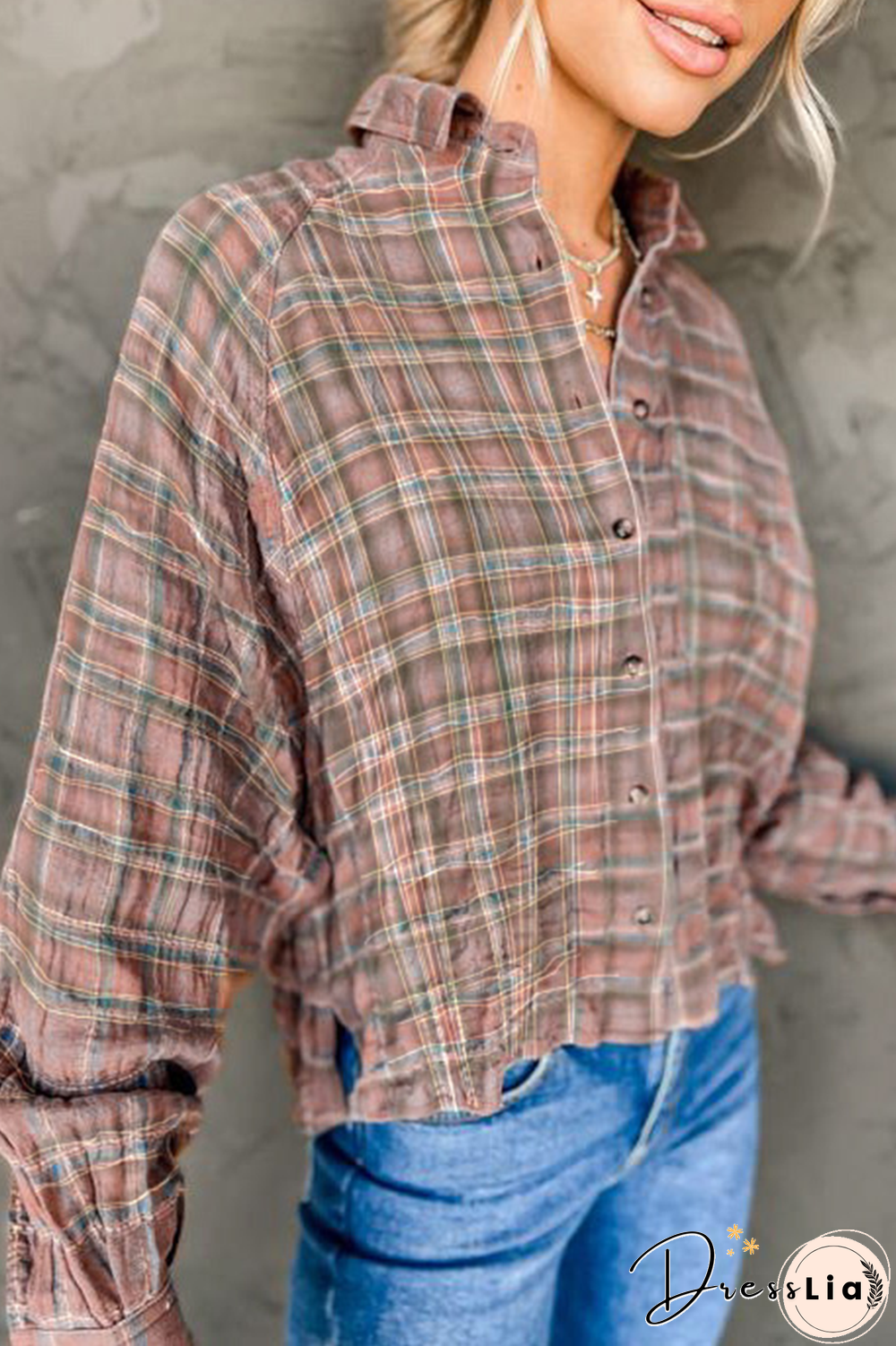 Casual Plaid Split Joint Turndown Collar Tops