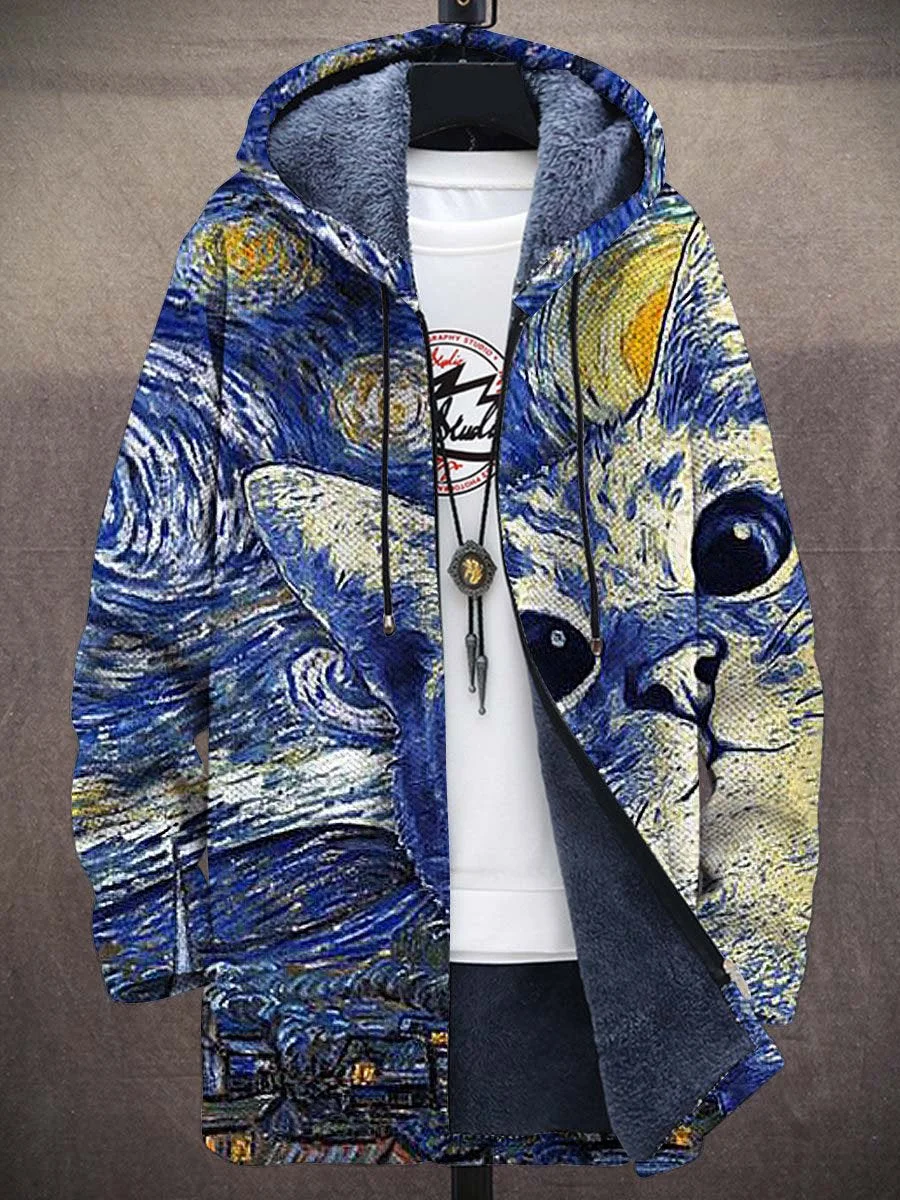 Unisex Retro Van Gogh Starry Night Cute Cat Art Pattern Plush Thick Long-Sleeved Sweater Coat Cardigan