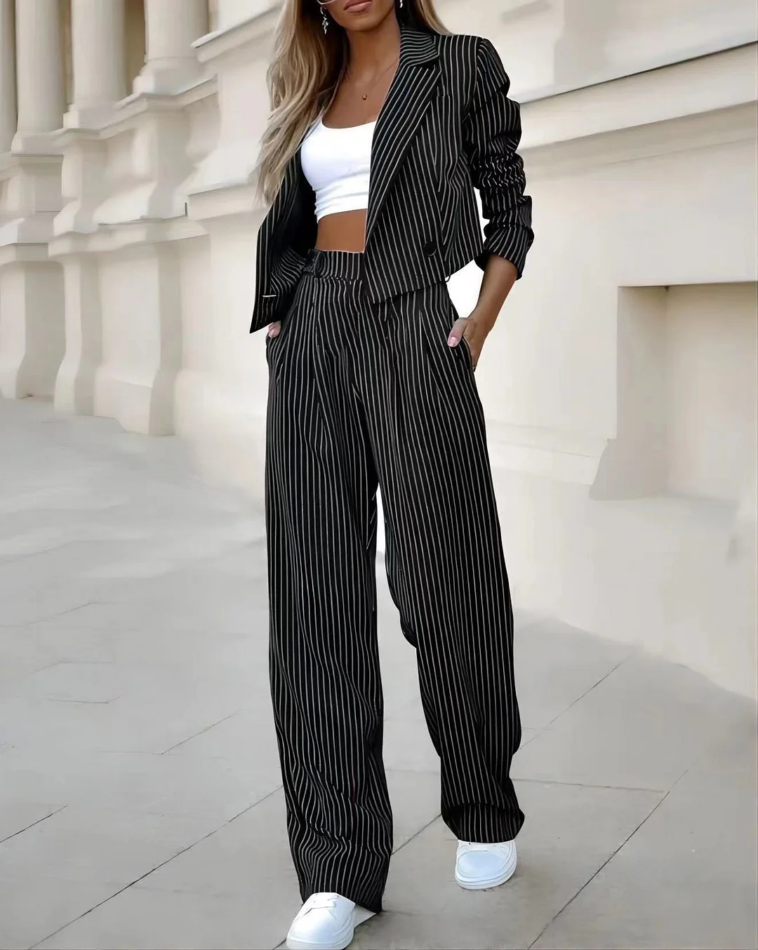 Wongn Wongn Women's Temperament Casual Stripe Short Lapel Suit Straight Pants Suit