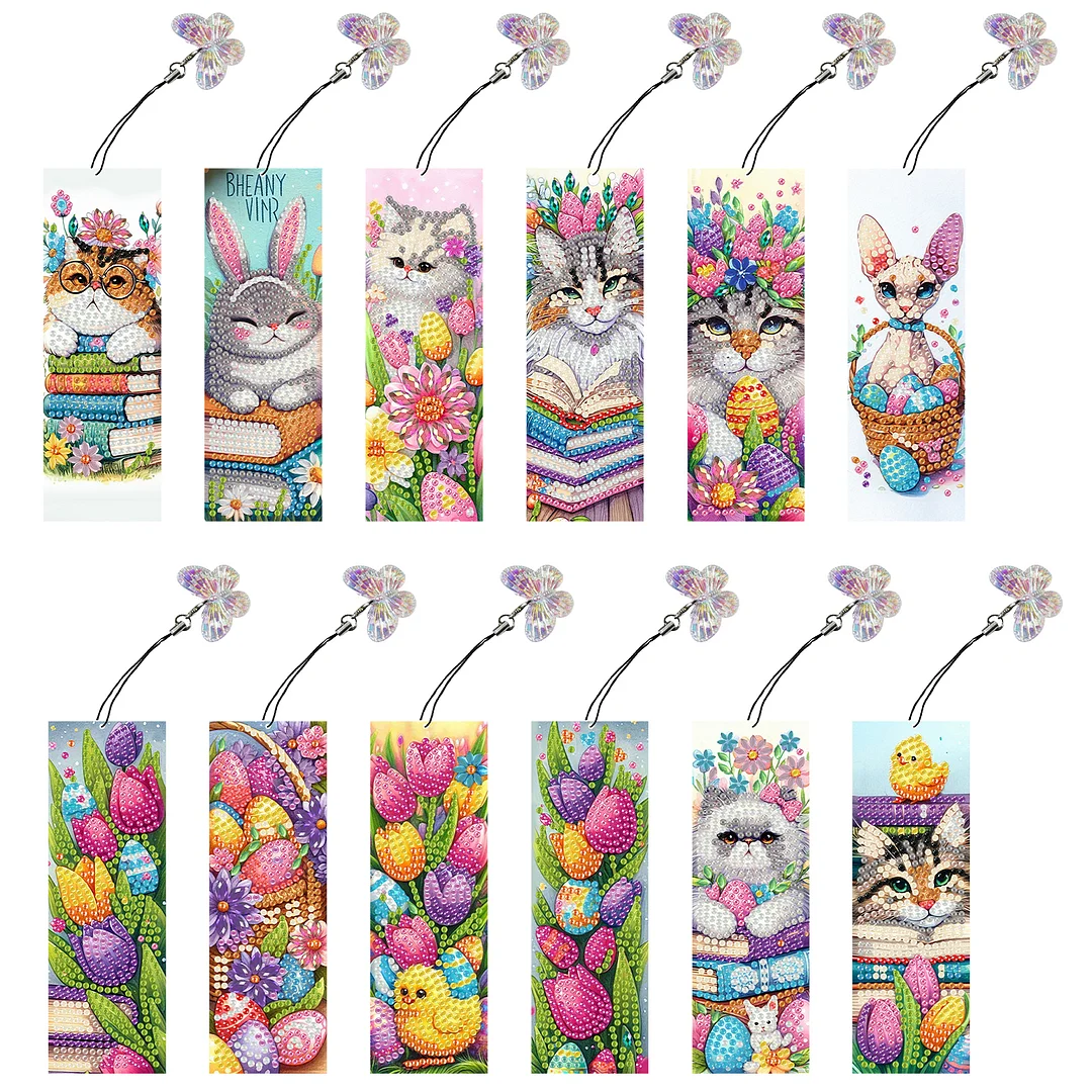 12Pcs Easter Cats DIY Diamond Art Painting Bookmark for Reading Enthusiasts
