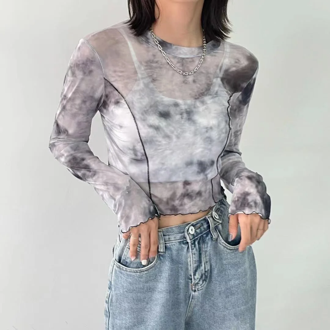 Zingj Black White Tie Dye Mesh Tops Women Sexy Slim Crop Top Long Sleeve See Through Semitransparent T Shirts Summer Thin