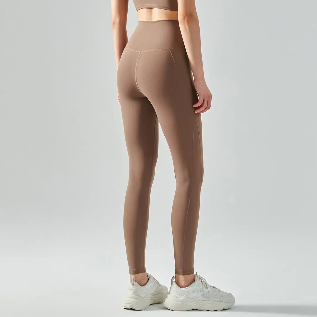 Shop women's mid strength side cross widened waist tummy control moisture wicking traceless sports tight capri leggings online on Hergymclothing Chocolate