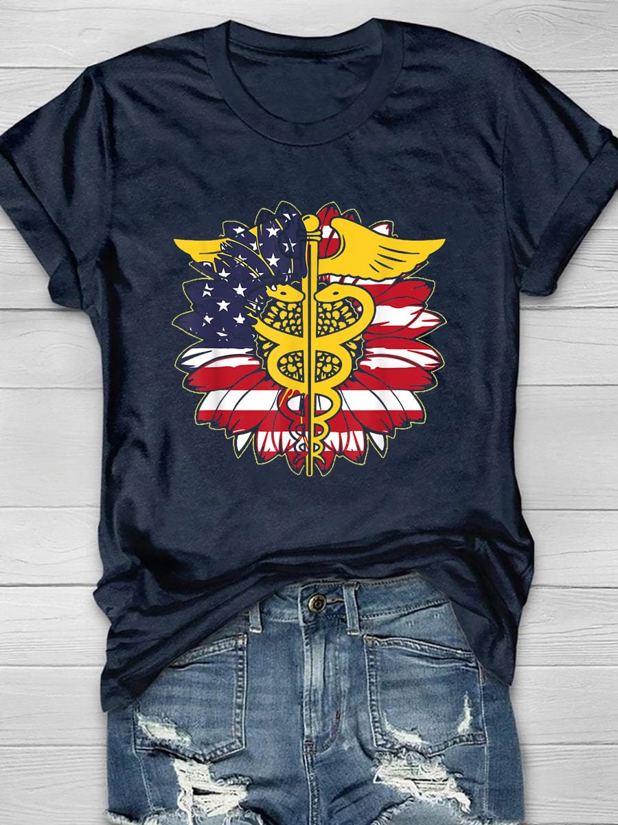 Funny Nurse Sunflower Flag Print Short Sleeve T-Shirt