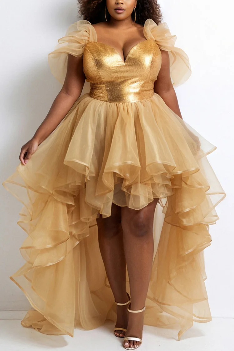 Xpluswear Design Plus Size Cocktail Party Organza Gold V Neck Ruffle Elegant High Low Hem Glitter Mini Dresses [Pre-Order]