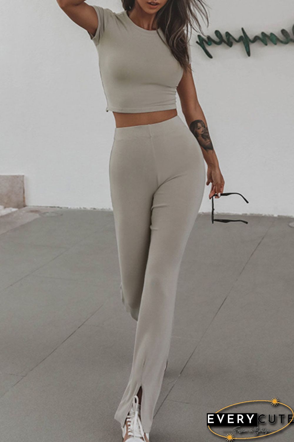 Fashion Sportswear Solid Backless O Neck Short Sleeve Two Pieces