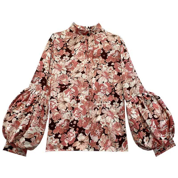 Floral Print Puff Sleeve Shirt Workwear - Modakawa modakawa