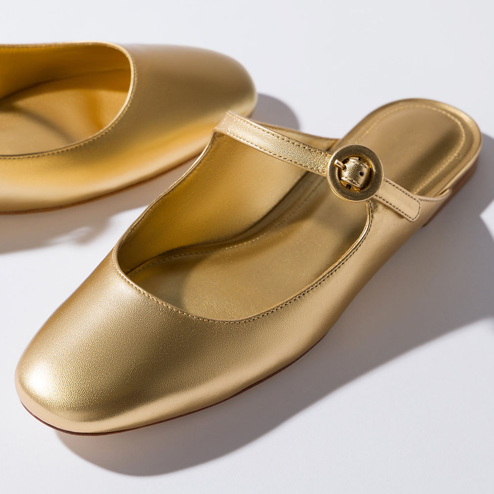 Gold Metallic Square Toe Flat Buckle Fastening Strappy Mules Nicepairs