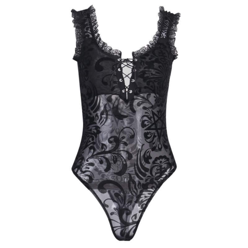 InsGoth Sexy Lace Bodycon Bodysuit Women Gothic Streetwear Mesh Hollow Out Patchwork Sleeveless Bodysuit Female Black Body Party