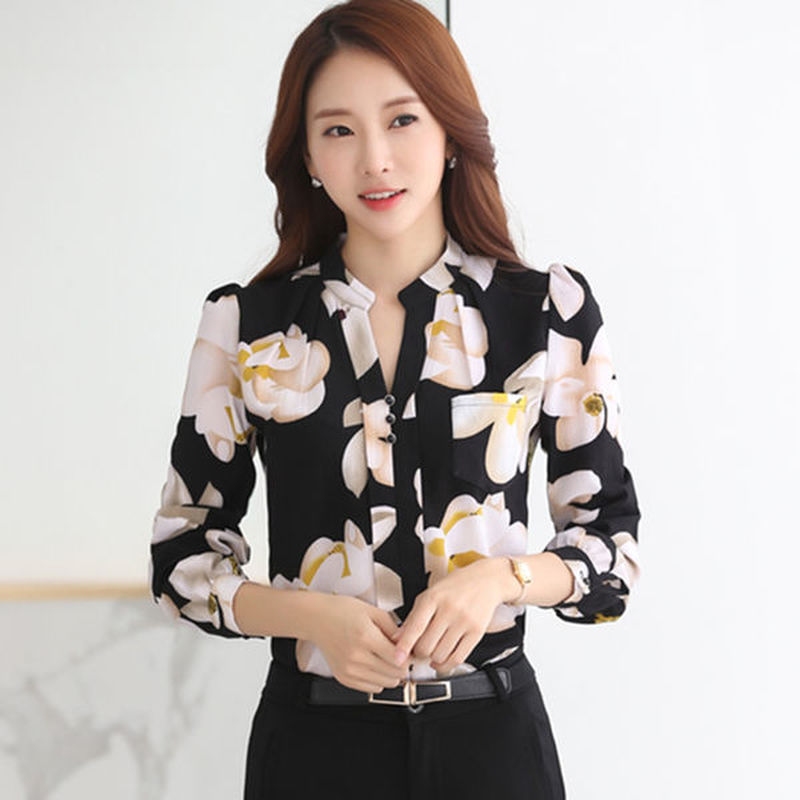 Print Long Sleeve Tops V-Neck Slim Chiffon Blouse Women Clothing  Spring Business Office Work Wear Shirt Blusas 882G
