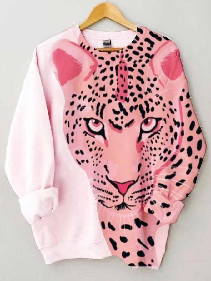Women's Pink Cheetah Print Long Sleeve Round Neck Sweatshirt socialshop