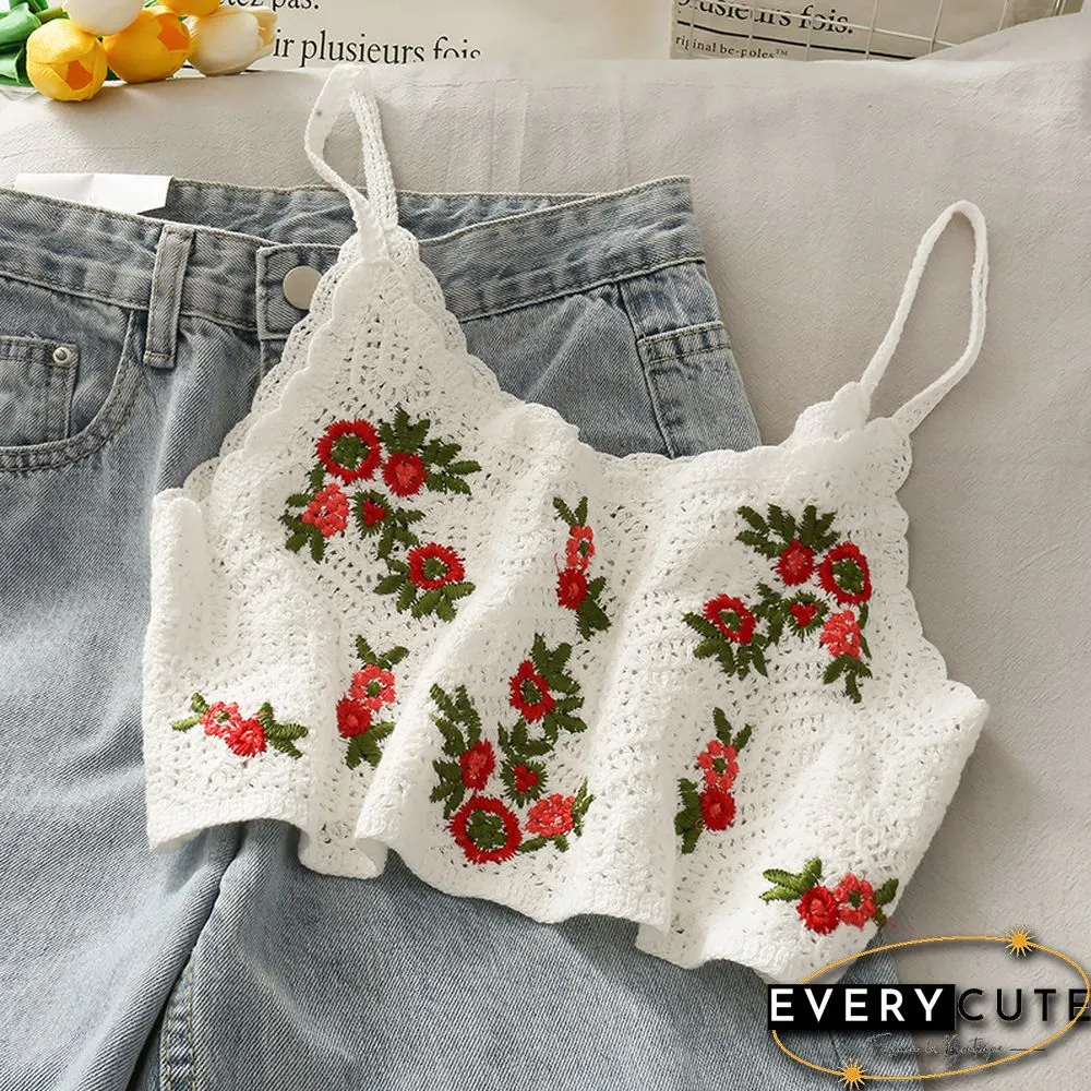 Womens Floral Embroidery Camis Crop TopSummer Cotton Crochet Sweet Tops Sleeveless Retro