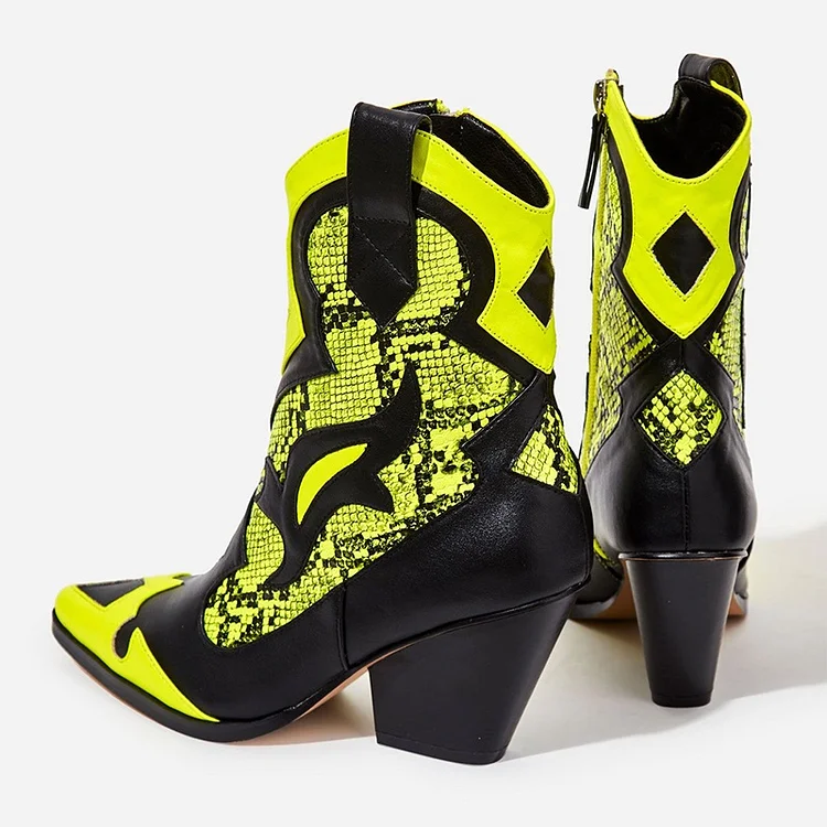 Python Yellow and Black Mid Calf Block Heel Cowgirl Boots Vdcoo