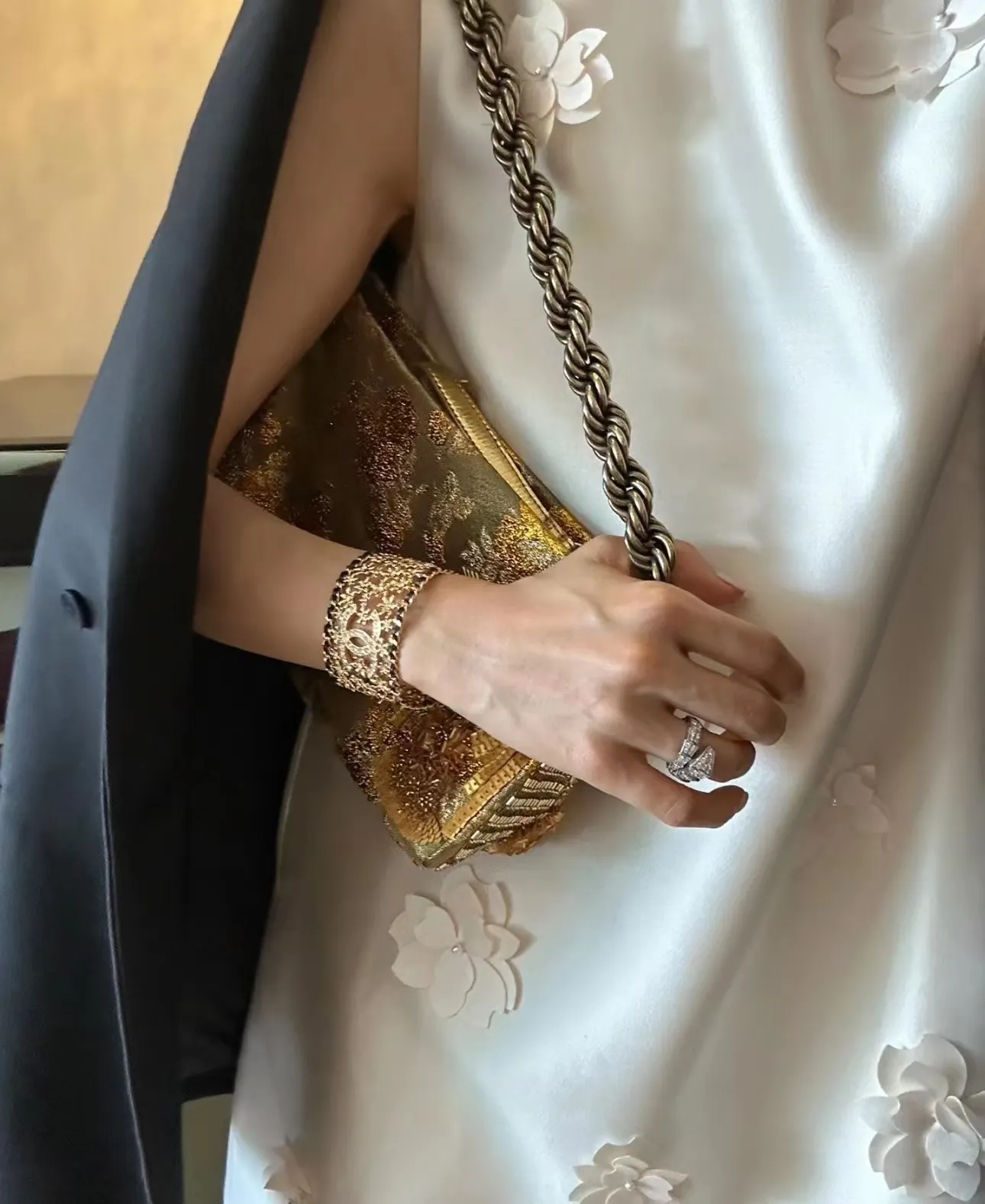 Dainty Chanel 23A Hollow Flower Wide Bracelet Cuff Bangle