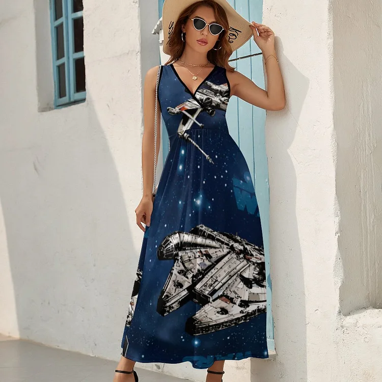Blue Star Wars Vehicle Classic Women Sleeveless Deep V Neck Bohemian Maxi Dress Loose Patchwork Long Dresses - Heather Prints Shirts
