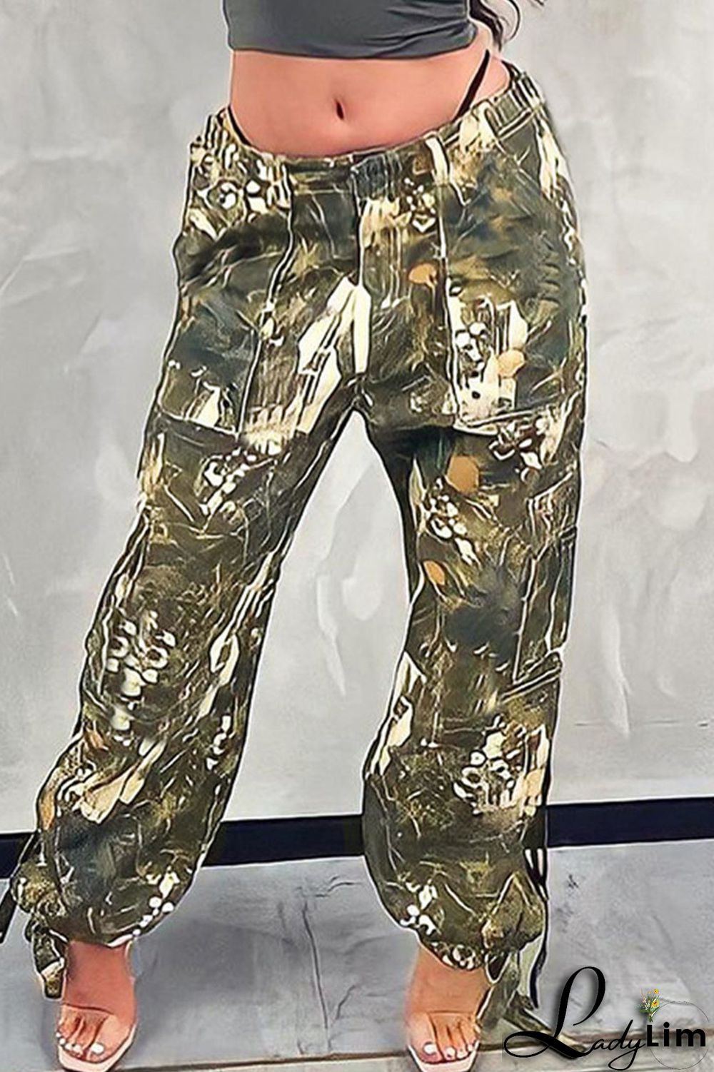 Army Green Street Print Bandage Patchwork Straight Straight Full Print Bottoms