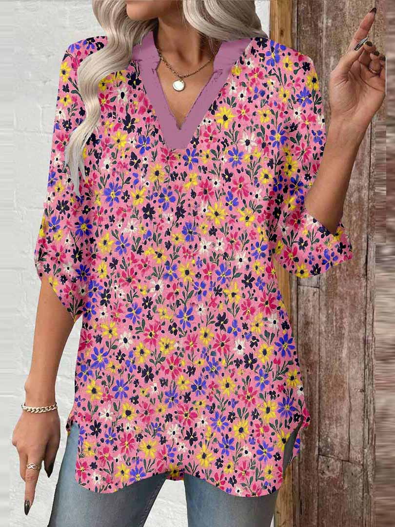 Women Floral,  Red,  Purple DZGA0417 3/4 Sleeve V-neck Printed Graphic Button Tops