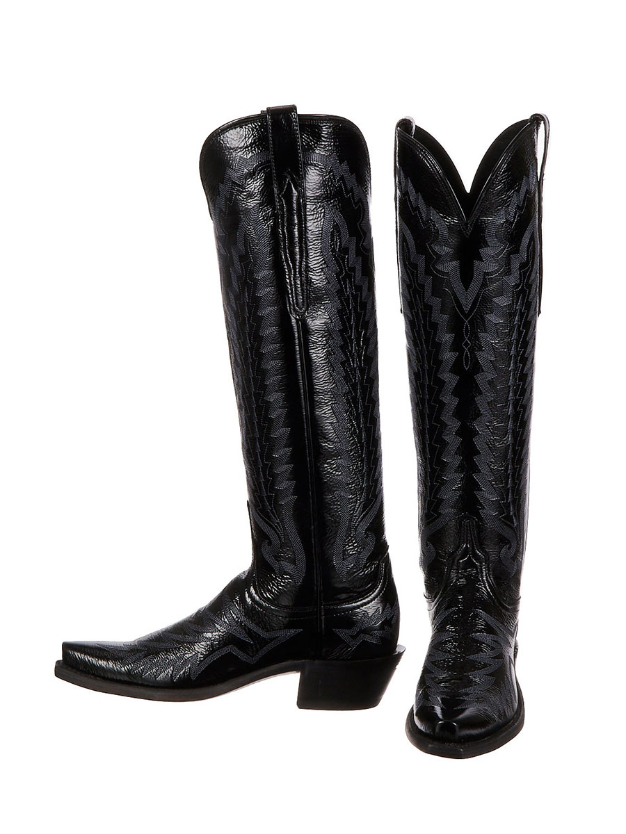 Black Vegan Leather Snip Toe Embroidered Wide Calf Knee-High Cowgirl Boots