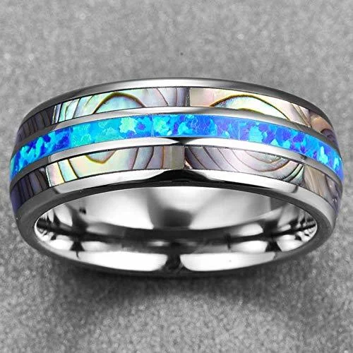 8MM Women's Or Men's Tungsten Carbide Matching Rings Silver Tone Multi Color Blue Opal and Rainbow Abalone Shell Inlay Organic Colors