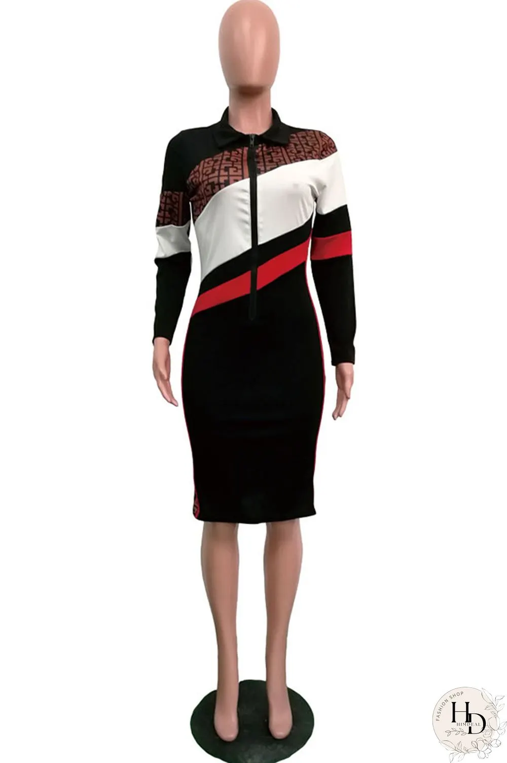Black Sexy Fashion Cap Sleeve Long Sleeves Turndown Collar Step Skirt Knee-Length chain Patchwork Print C