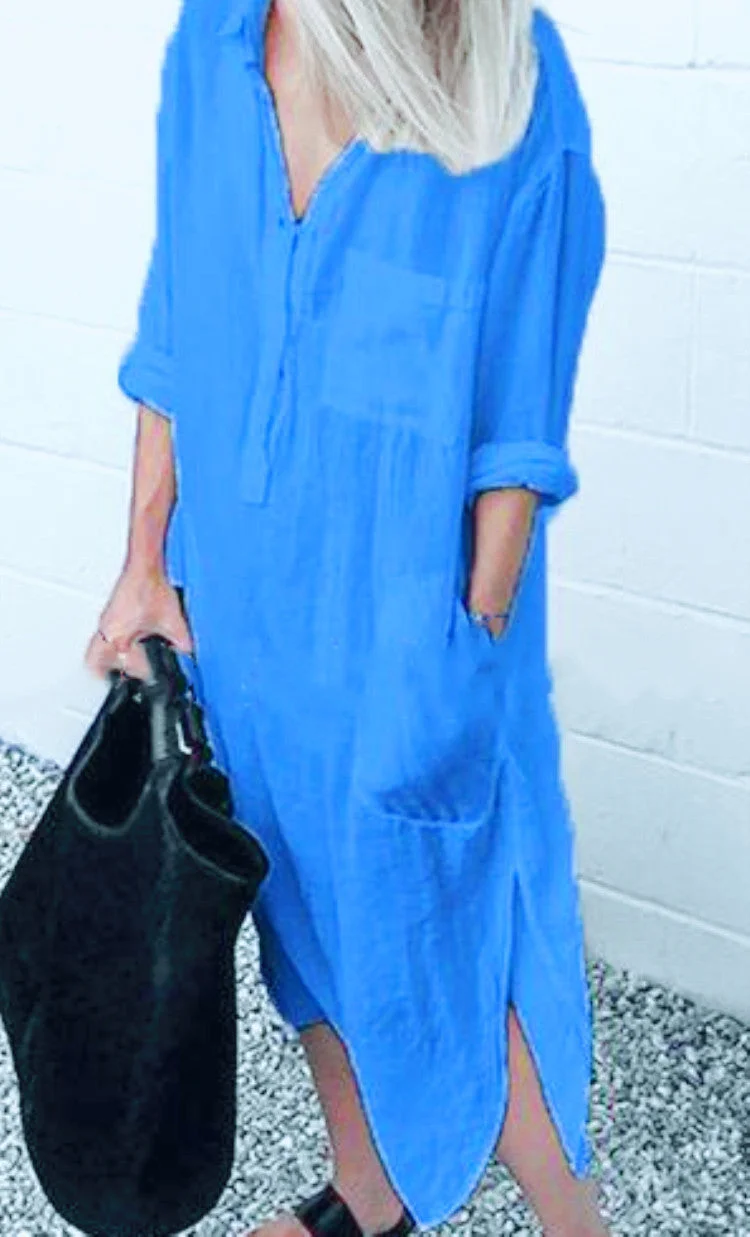 Uveng Solid Color Cotton Blend Simple Long Shirt Women's Dress