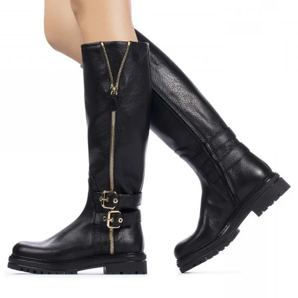 Black Ankle Buckles Zipper Low Heel Knee Riding Boots for Women |FSJ Shoes