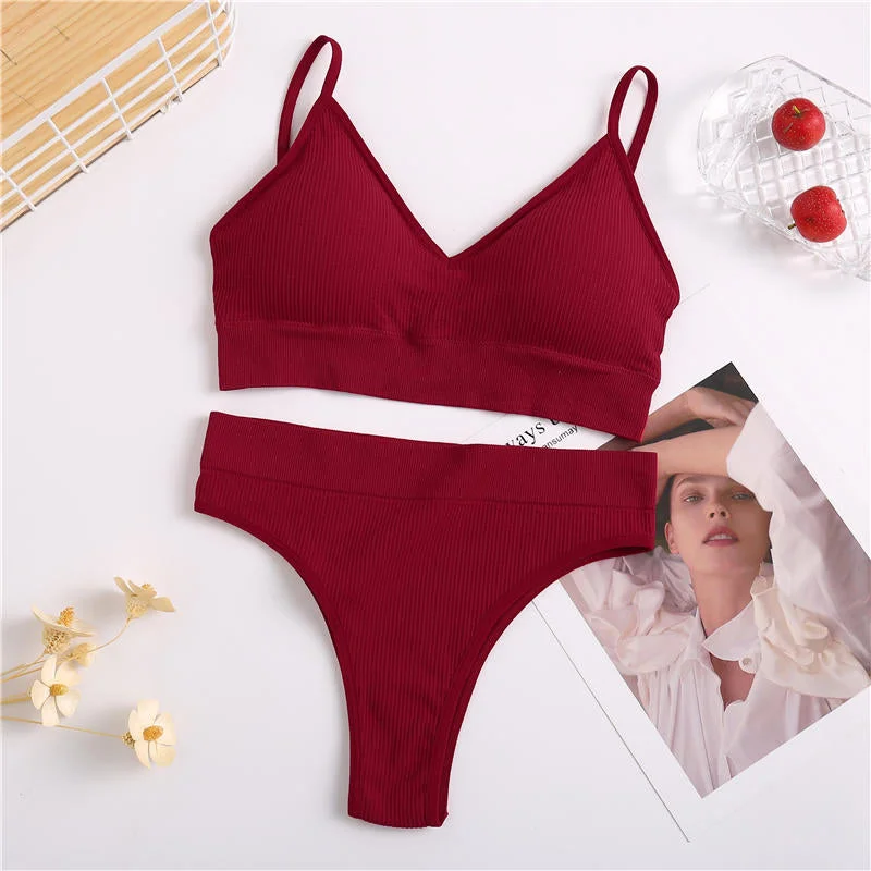 Women Bra Set Sexy Lingerie Suit Underwear Brassiere + Thong Panties Female Tank Crop Tops Set Bralette Black Blue Solid Color