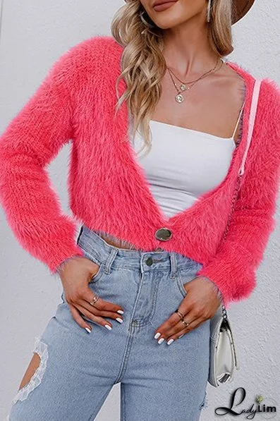 Solid Split Joint Buttons V Neck Outerwear