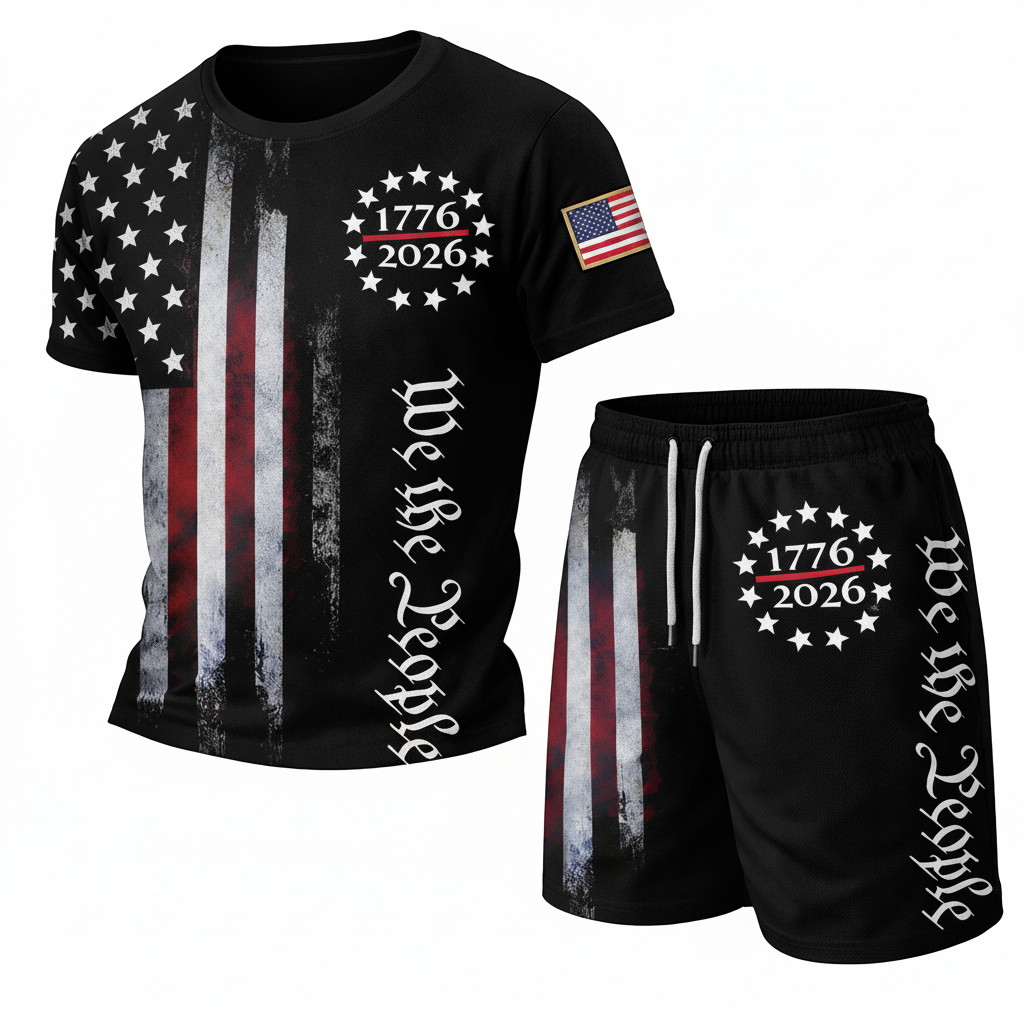 Men's Vintage American 250th Anniversary Eagle 1776 Patriotic Print Short-Sleeve T-Shirt And Shorts Set - Helixace